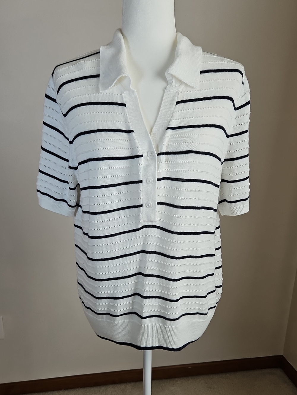 Varley Wren Knit Polo Top Pointelle White Navy Stripe Short Sleeve SZ XL